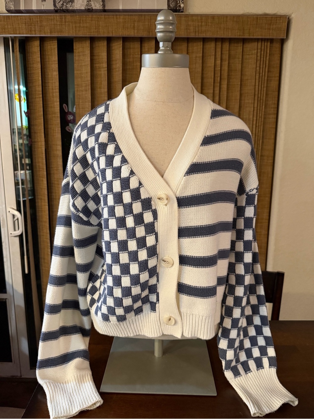 Sincerly Jules Navy and Ivory Checkerboard & Stripe V-Neck Cardigan